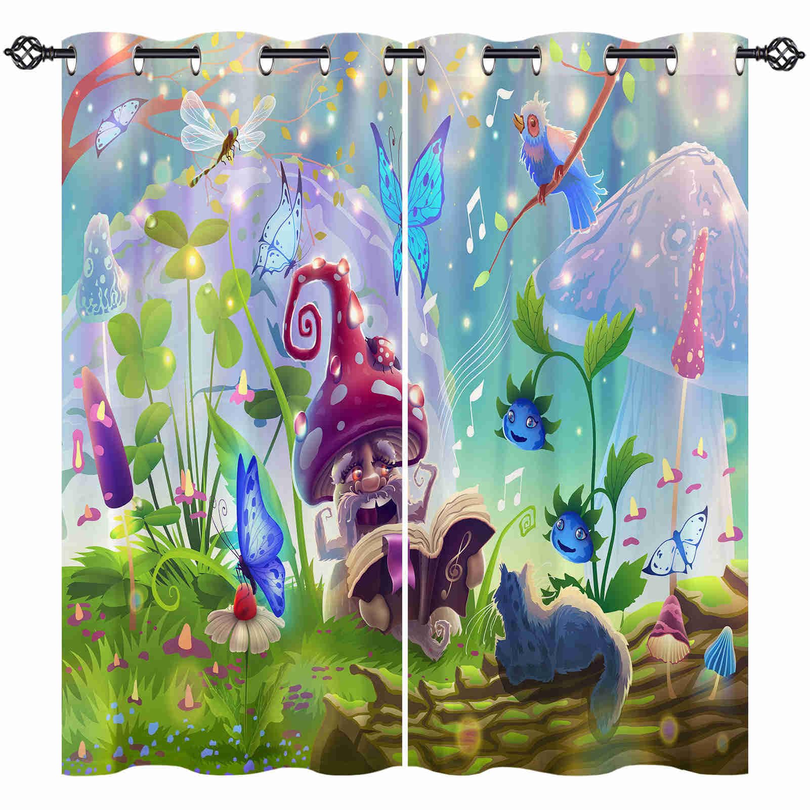 ANHOPE Mushroom Curtains Eyelet 80% Blackout Room Darkening Curtains with Magic Forest Animal Butterfly Print Pattern Thermal Insulated Window Drapes for Bedroom Living Room 52 x 63 Inch Drop 2 Panels โ image 1