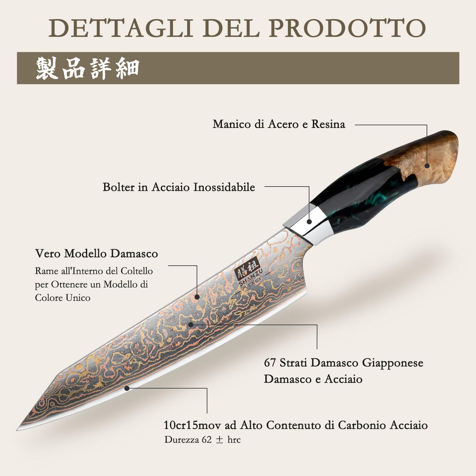 SHAN ZU Coltelli da Cucina 8 Pollic Acciaio Damasco & Rame ad Alto Giapponese Coltello Tenore di Carbonio 33 Strati Professionali Coltello da Chef Forgiato a Mano Coltello Multiuso con Manico in Acero