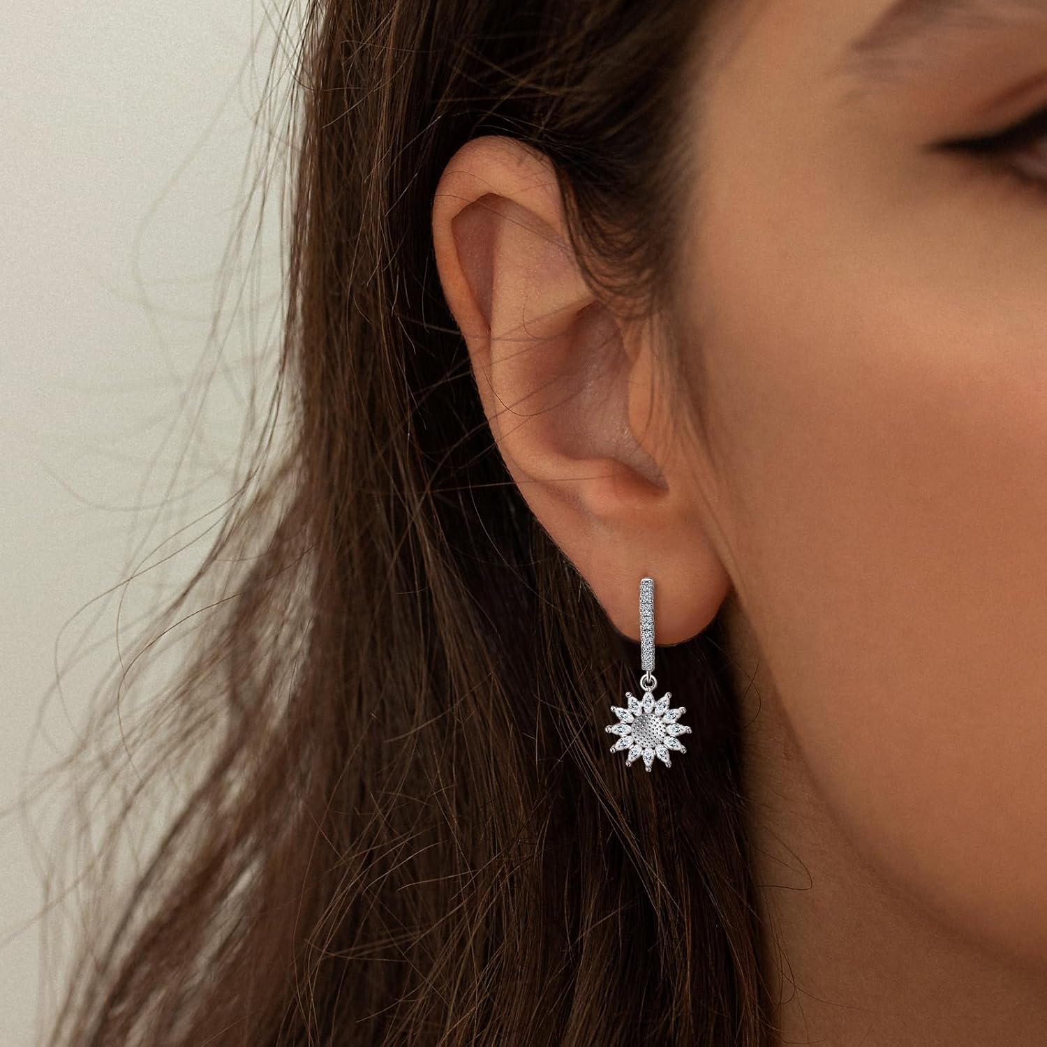 Sunflower Earrings for Women - Sterling Silver Flower Hoop Earrings Classic Hypoallergenic White Cubic Zirconia Loop Earrings Fashion Dainty Earrings Gift for Her Birthday Valentine's Day - Image 3