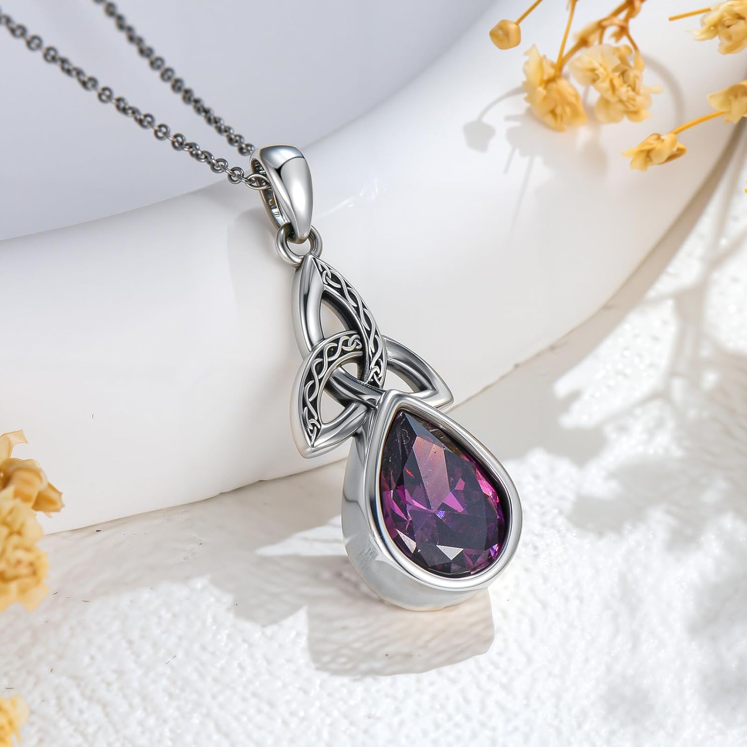 Natural Amethsy Celtic Knot Pendant Necklace for Women 925 Sterling Silver Teardrop Protection Healing Crystal Gemstone Birthstone Jewelry for Mom Her - Image 2