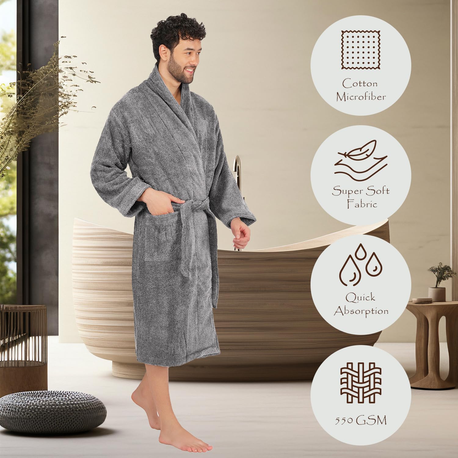 RANGOLI 100% Cotton Men Knee-Length Bathrobe with Full Sleeves & Pocket, 550 GSM for Extra Absorbent Terry Fabric in Rope Tie Closure (Grey-L) | Canningvale Collection 1