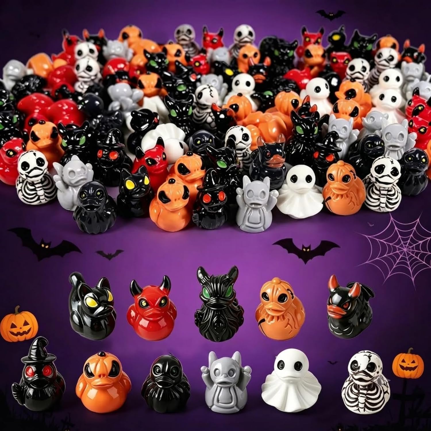 Halloween Mini Ducks, 60 PCS Mini Resin Ducks, Devil, Ghost, & Skeleton Designs, Spooky Halloween Decor Resin, Cute Spooky Desktop Decor for Party Supplies Favors Gift DIY Craft