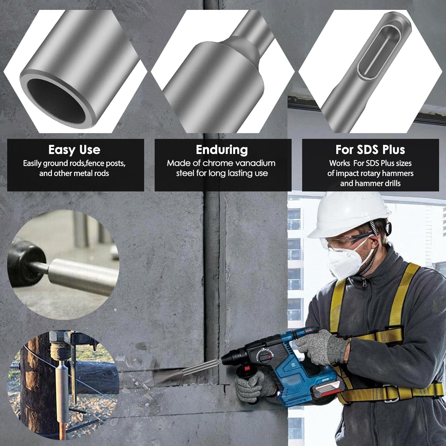 グラウンドロッドドライバー 8/10/12/16/20mm プロフェッショナルSDS Plusグラウンドロッドドライバーツール 高硬