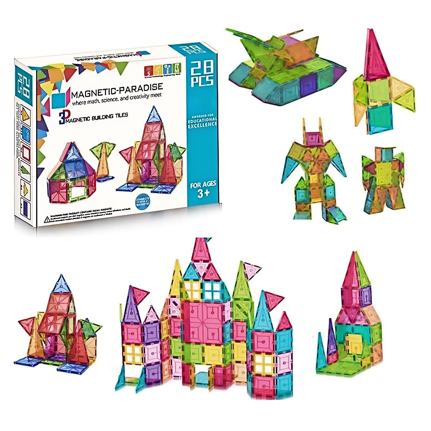 LenosedMagnetic Tiles for kids 3D Magnet Blocks for Kids, Educational STEM ToyClear Colors, Creative Building Blocks, Early Development & Learning Activity Kid Toy (28PCS)