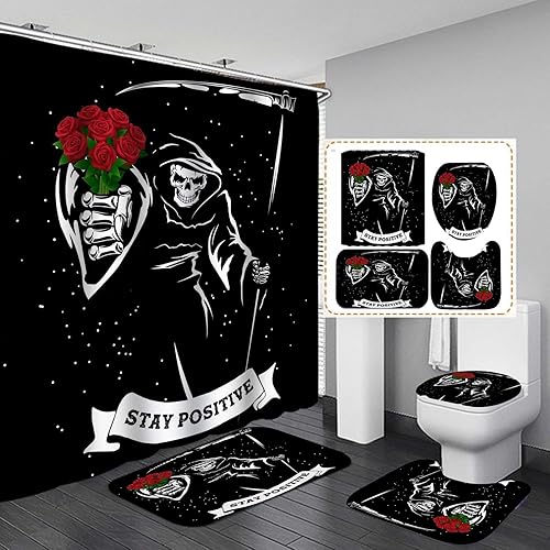 Jayden Madge - Juego de 4 cortinas de ducha con diseño de calavera, citas positivas, esqueleto de la muerte en blanco y negro, ramo de rosas rojas, disponible en Yaxa Peru