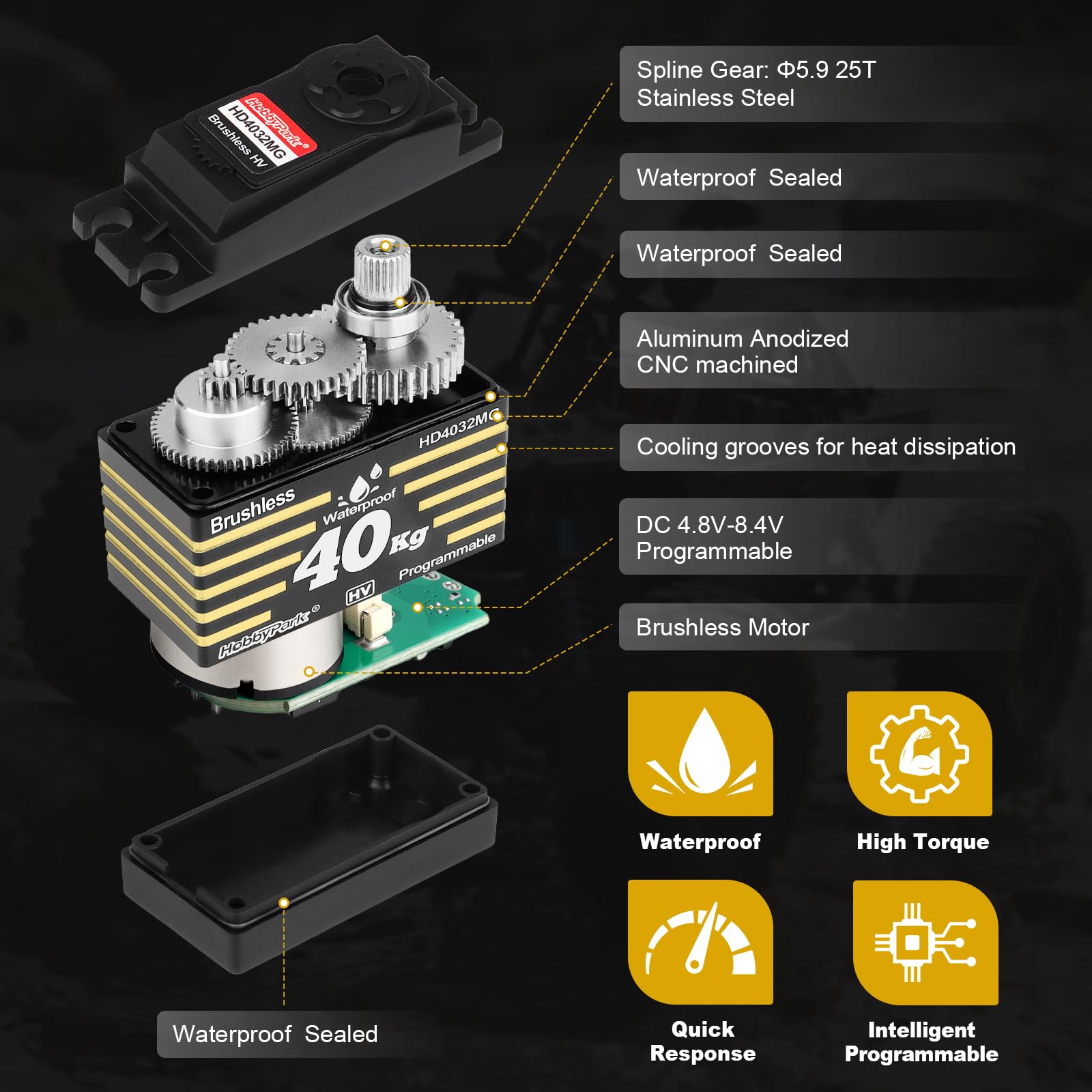HobbyPark Servos de dirección a control remoto impermeables de 40 kg, motor sin escobillas, velocidad rápida, tamaño estándar, engranajes de metal HV para 1/8 1/10 RC Crawler, coche, camión, buggy