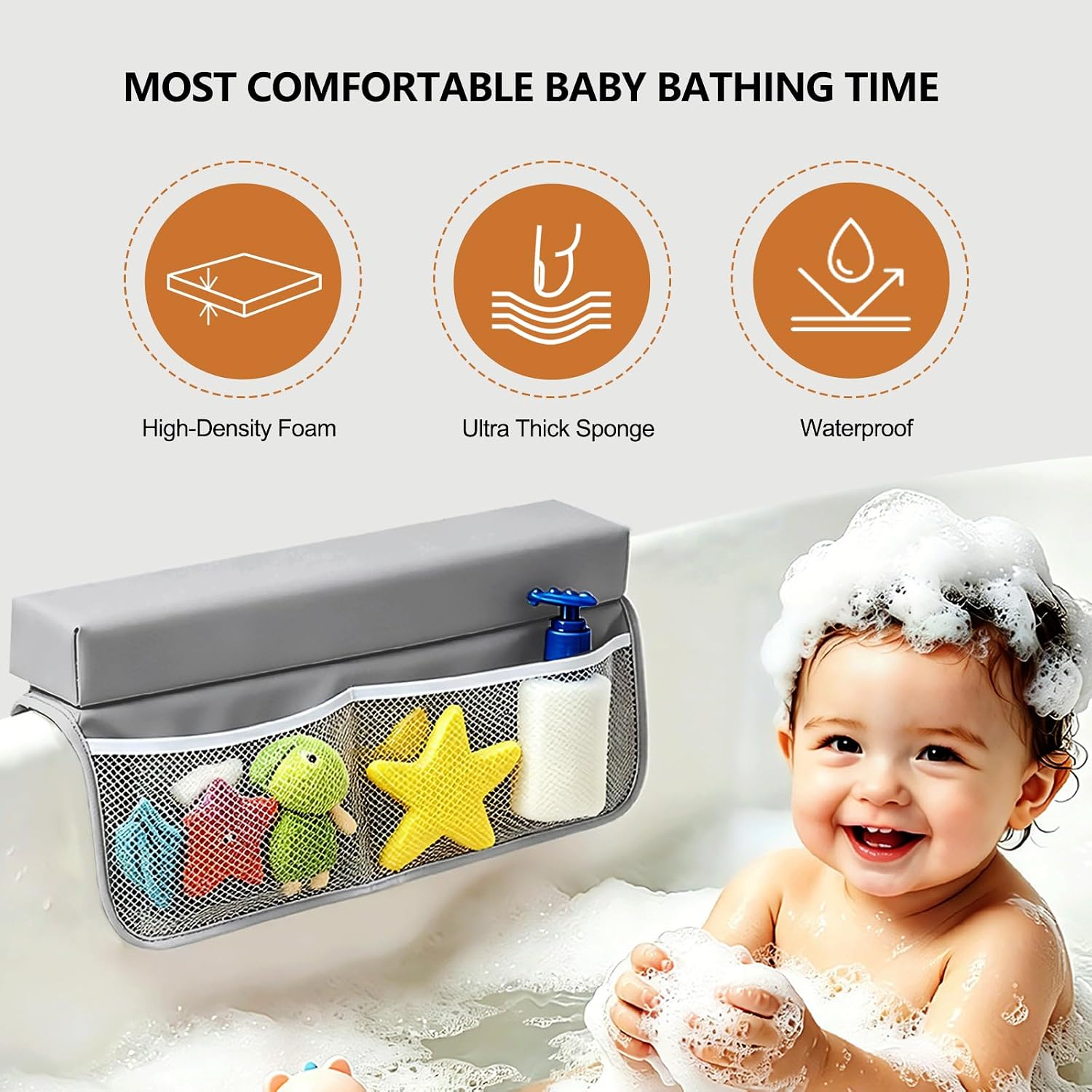 Baby Waterproof Vegan Leather Bath Kneeler and Elbow Rest Pad Set | Thickened Non-Slip Memory Foam Knee & Arm Support Bathtub Mat with Toy Organizer for Infant Toddler Bathing