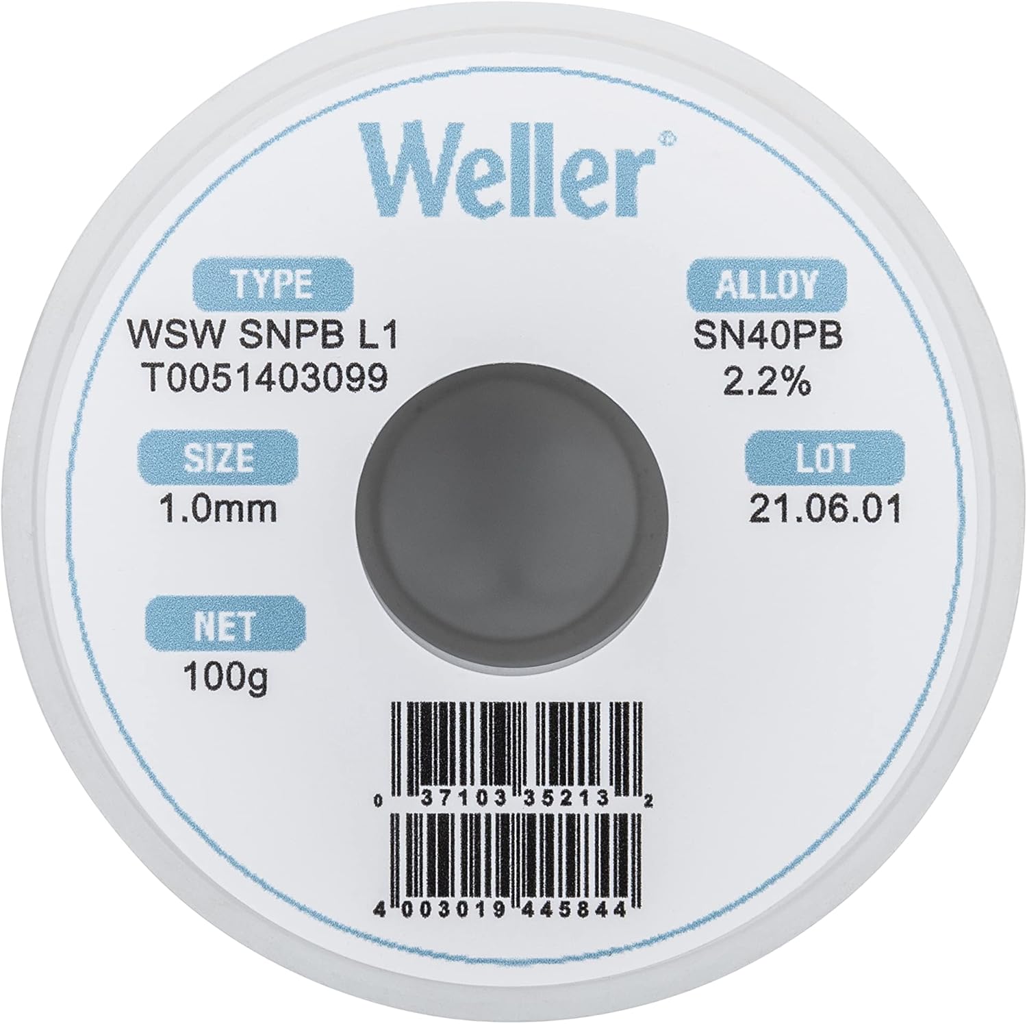 Weller WSW SnPb (T0051403099) Solder Wire, Dia: 1.0 mm / 0.039 in, Wt: 100 g / 3.527 oz, Alloy Sn60Pb40, Flux content 2.2%
