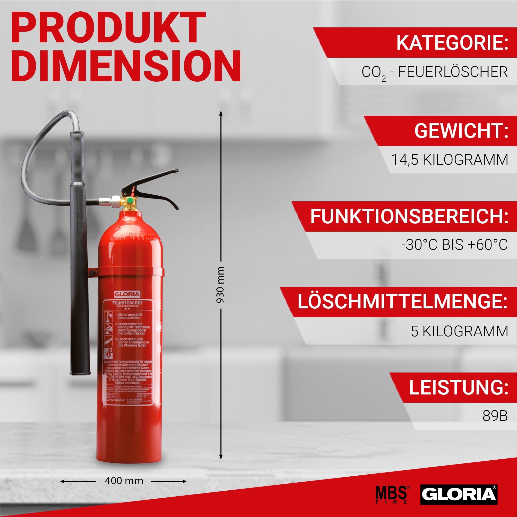 Gloria - 5 kg CO2 Feuerlöscher - KS 5 ST - Kohlendioxidlöscher - f. elektrischen Anlagen u. EDV - inkl. Wandhalterung - mit aktuellem Prüfnachweis