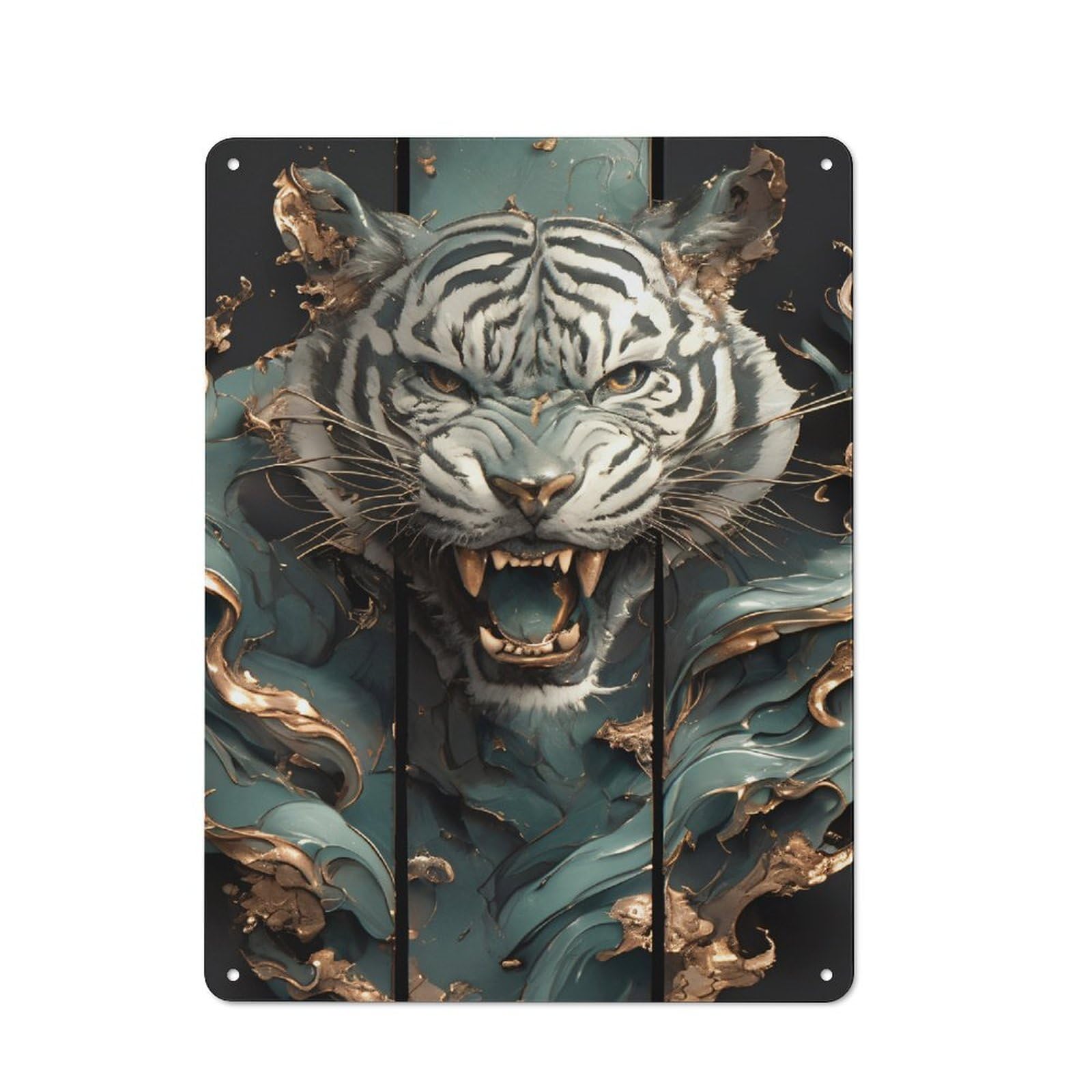 Junmoney Style-7 Roaring Tiger Teal And Gold Art Vintage Tin Wall Plaque 40X30cm For Hobby Room Or Studio, A Decorative Metal Sign For Hobby Rooms And Studios