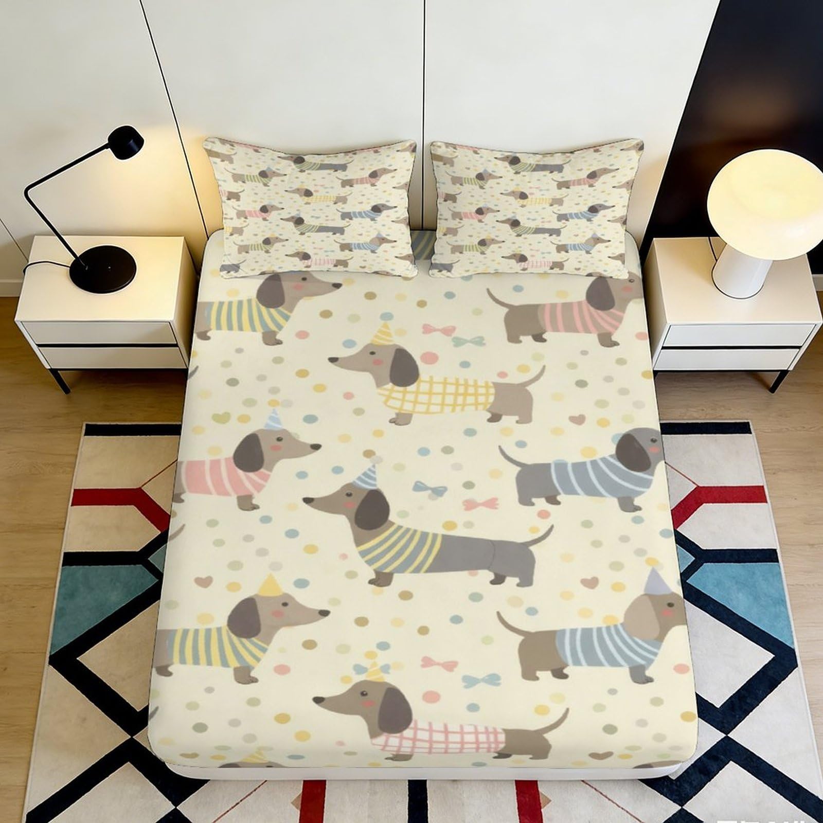 3D Printed Dachshund Dog Fitted Sheet Microfiber Soft Anti-Slip Pastel Cartoon Mattress Cover for Bedroom Guestroom Decor 90x200x25cm