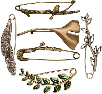 Vintage Safety Pins 6PCS - Extra Large Decorative Brooch Pins for Scarves/Sweaters 2.5" Ginkgo Leaf, Silver+Bronze