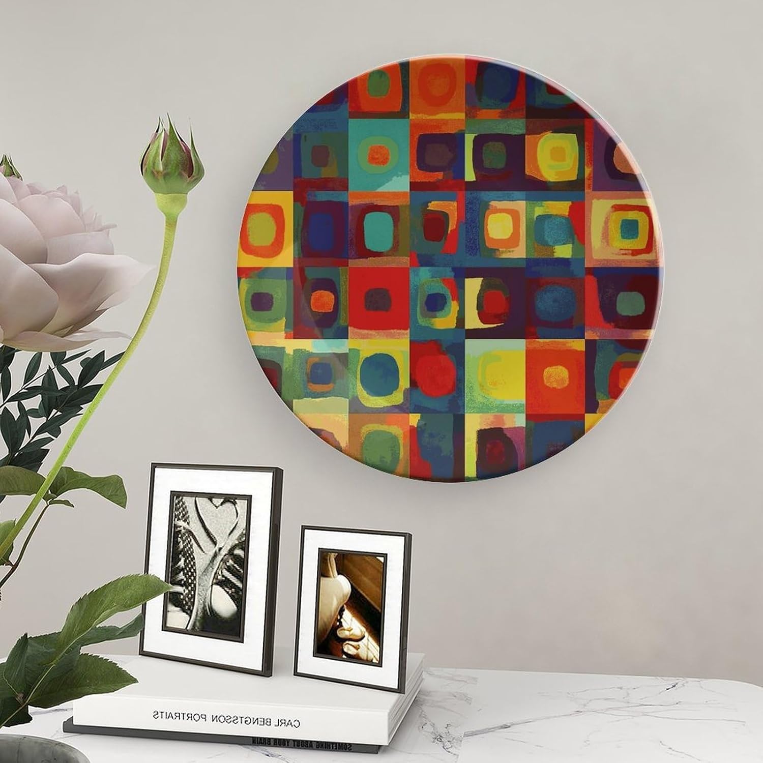 Abstract Art Squares Bone China Decorative Plate with Display Stand, Ceramic Ornaments Plate for Wall Hanging, Personalized Porcelain Plates for Office, Living Room 8inch