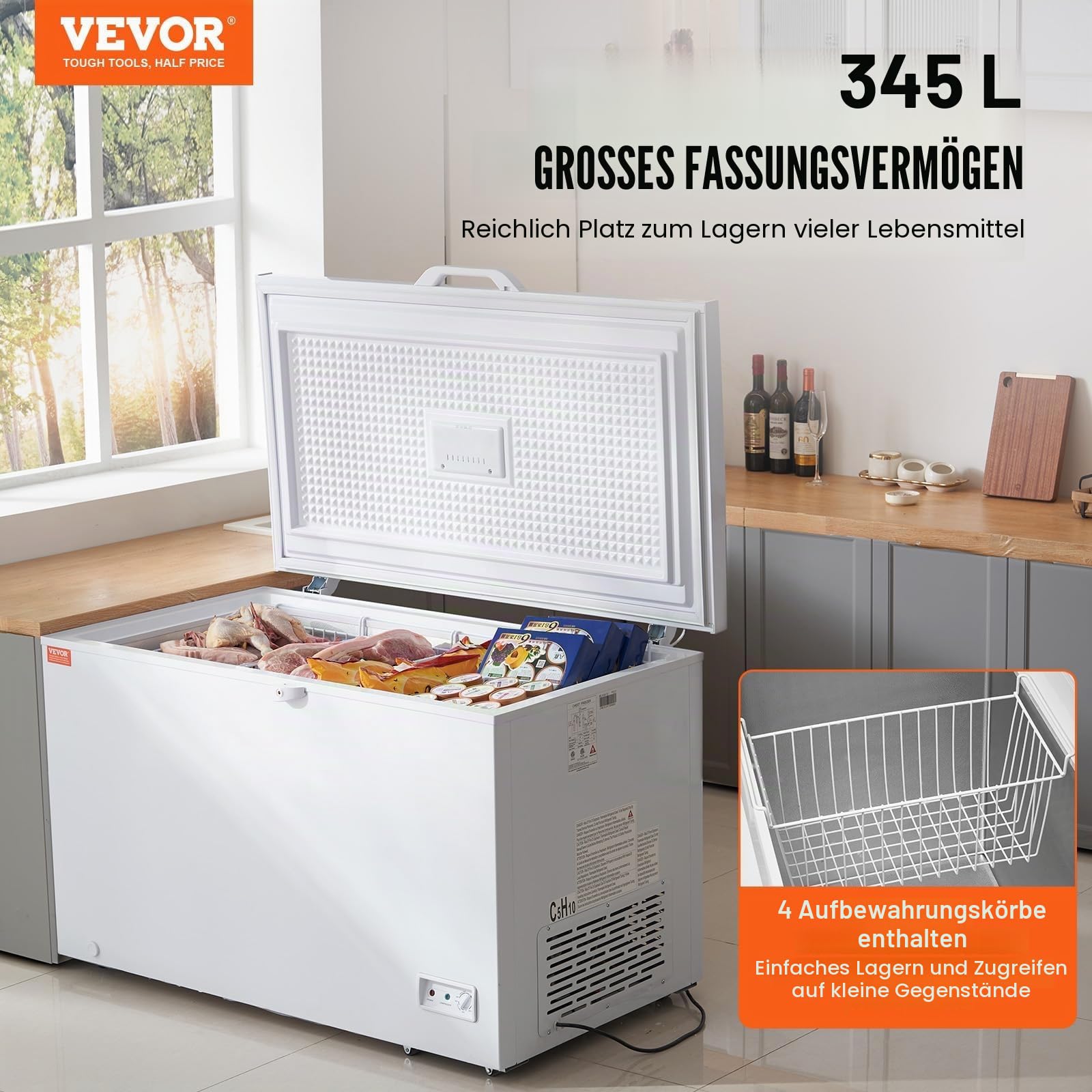 VEVOR Gefriertruhe, 345 L Tiefkühltruhe & 4 Herausnehmbare Körbe, Freistehende Gewerbliche Gefriertruhe mit Offener Tür von Oben & Verschließbarem Deckel, 7-stufig Einstellbare Temperatur