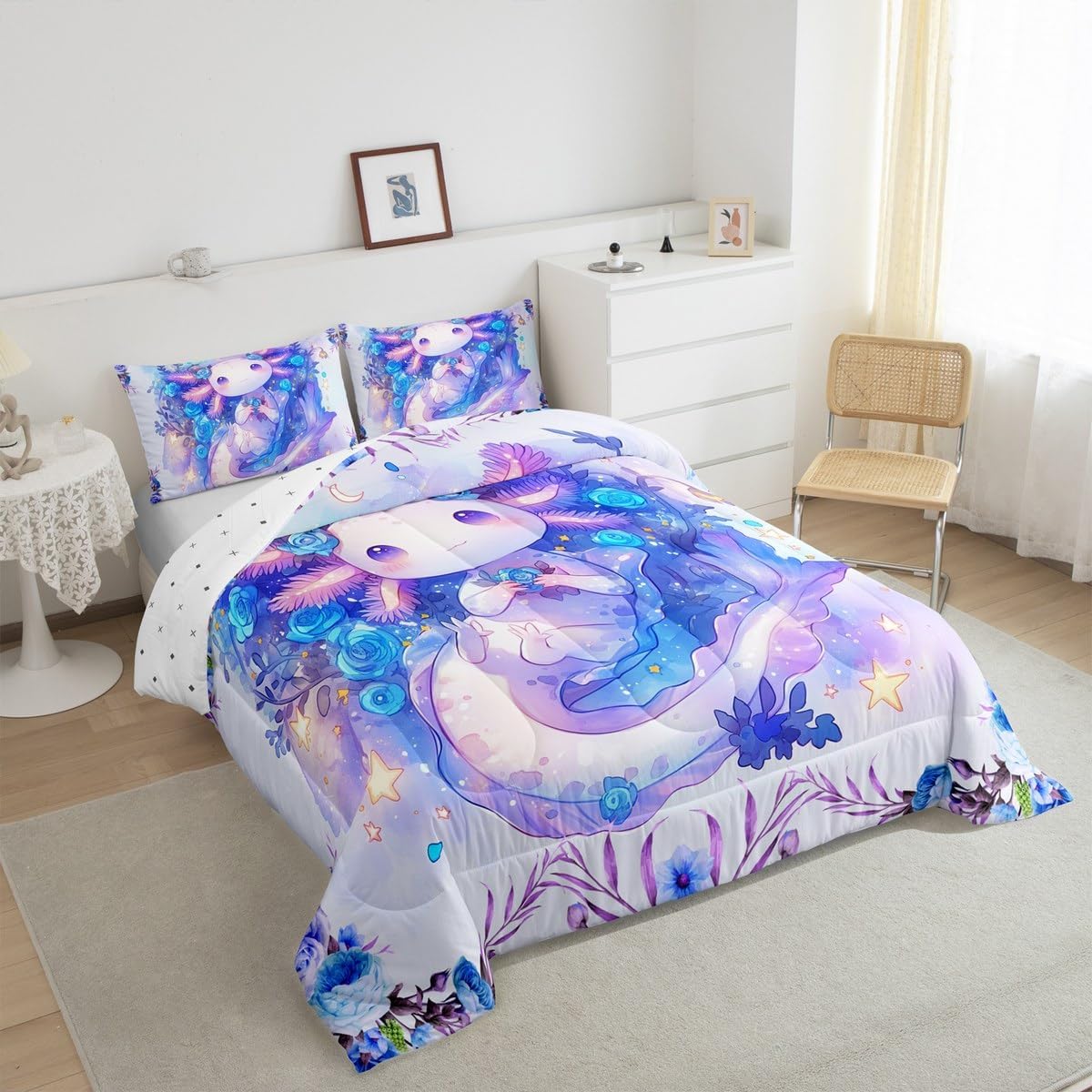 Feelyou Cute Axolotl Girls Bedding Set Full Size Cartoon Salamander Duvet Cover for Kids Teens Blue Rose Comforter Cover Set Star Pattern Bedspread Cover 3Pcs