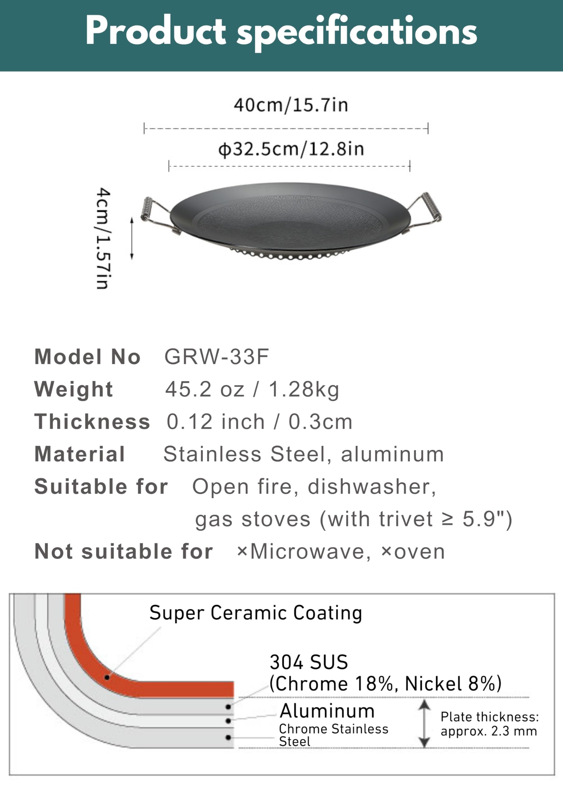 camping moon Griglia per barbecue, diametro 32,5 cm, piastra rotonda a 3 strati in acciaio composito antiaderente, manico pieghevole per stufa a gas a fuoco aperto, uso esterno e interno, GRW-33F