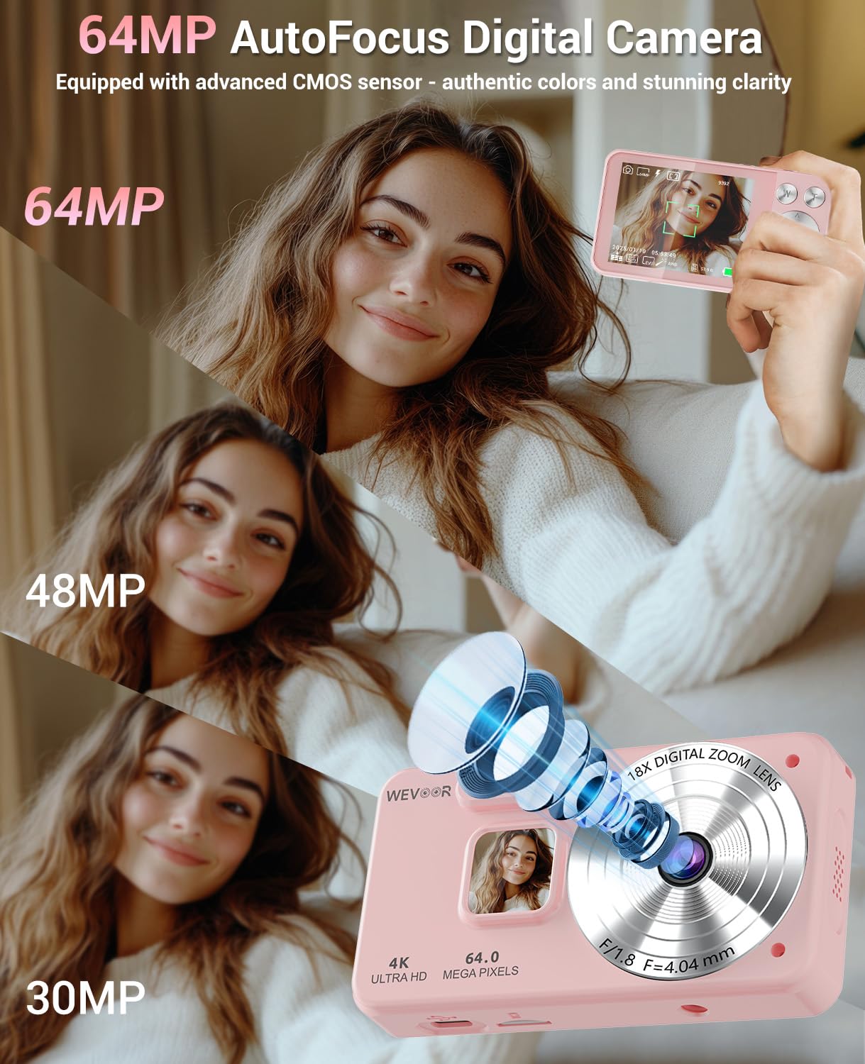 Macchina Fotografica Digitale 4K 64MP, Wevoor 32GB Fotocamera Digitale | Fotocamera Compatta, 2,8” Schermo, Zoom Digitale 18x, Batteria da 2000mAh per Principianti Bambini Adolescenti - Rosa