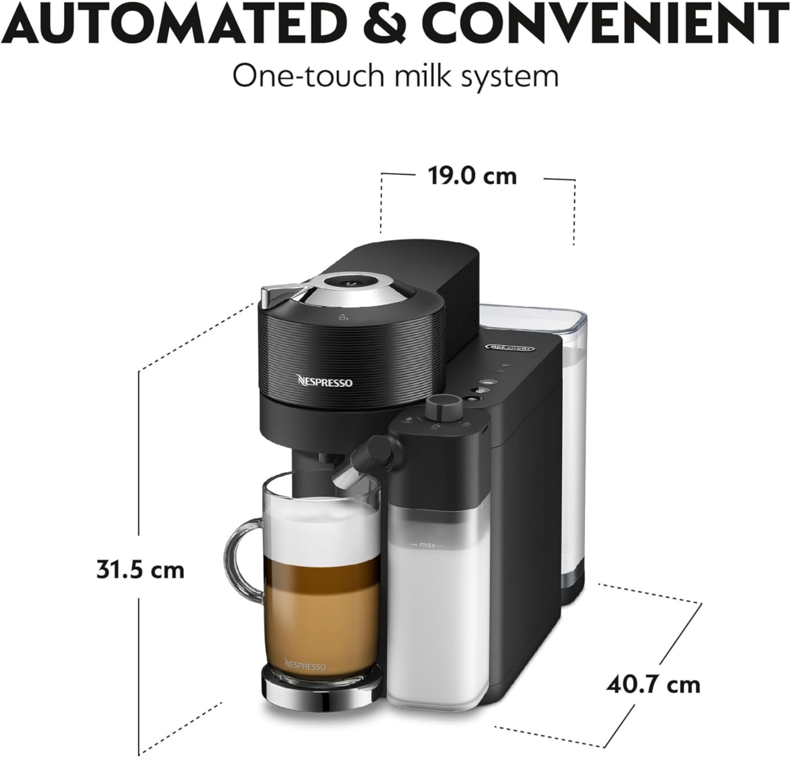 De'Longhi Nespresso Vertuo Lattissima ENV300.B, Automatic Coffee Machine with Automatic Milk Frother, Single-Serve Capsule Coffee Machine, 5 Cup Sizes, 1500W, Matt Black & Glossy — view 3