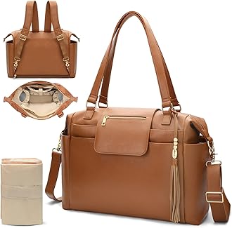 Diaper Bag Tote Leather Diaper Bag Backpack Large Baby Bag 14 Diaper Organizing Pouches,Changing Pad,Crossbody Strap,4 Insulated Pockets,Brown