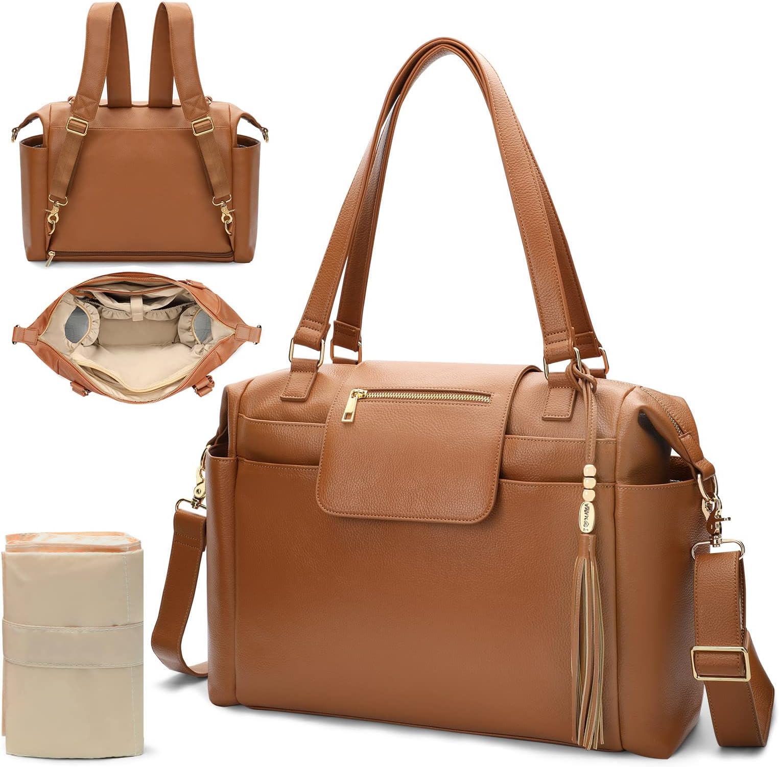 Omanmoli Diaper Bag Tote Leather Diaper Bag Backpack Large Baby Bag 14 Diaper Organizing Pouches,Changing Pad,Crossbody Strap,4 Insulated Pockets,Brown