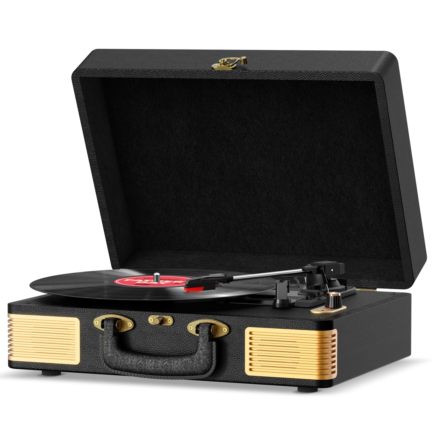 Platine Vinyles Bluetooth Portatif Vintage en Cuir avec 3 Vitesses et 2 Haut-Parleurs Intégrés - Noir Profond

Platine V