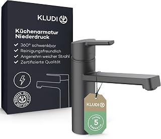 KLUDI-M3 Niederdruck Armatur Küche 360° schwenkbar, Wasserhahn Küche Schwarz mit 1 Strahlart, Mischbatterie Küche mit komfortabler Auslaufhöhe von 17 cm, Küchenarmatur Schwarz