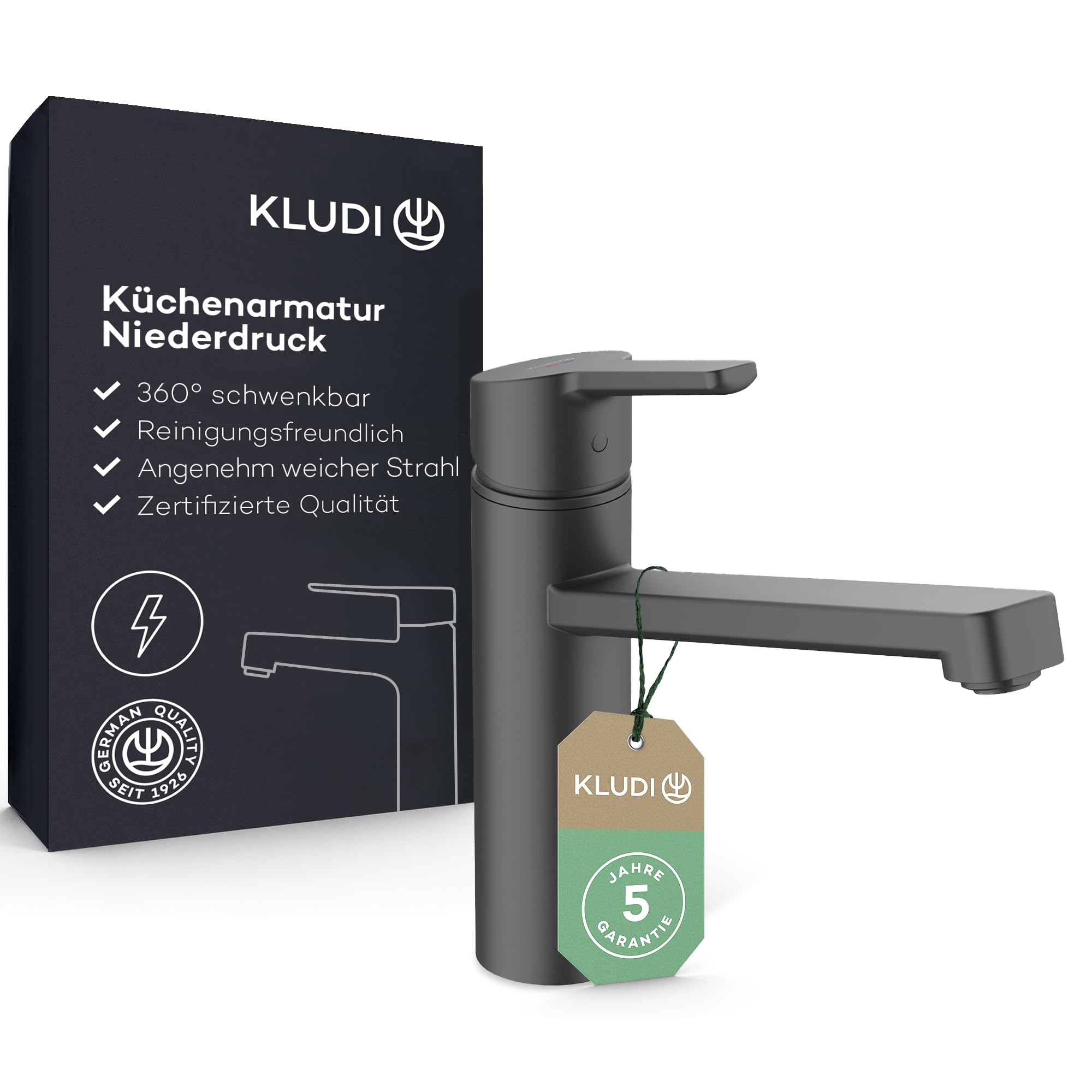 KLUDI-M3 Niederdruck Armatur Küche 360° schwenkbar, Wasserhahn Küche Schwarz mit 1 Strahlart, Mischbatterie Küche mit komfortabler Auslaufhöhe von 17 cm, Küchenarmatur Schwarz