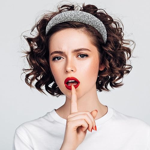 Miniatura 3 de SuPoo Diadema de diamantes de imitación para mujeres y niñas, diadema gruesa de pera, diadema ancha brillante, diadema plateada con cuentas,