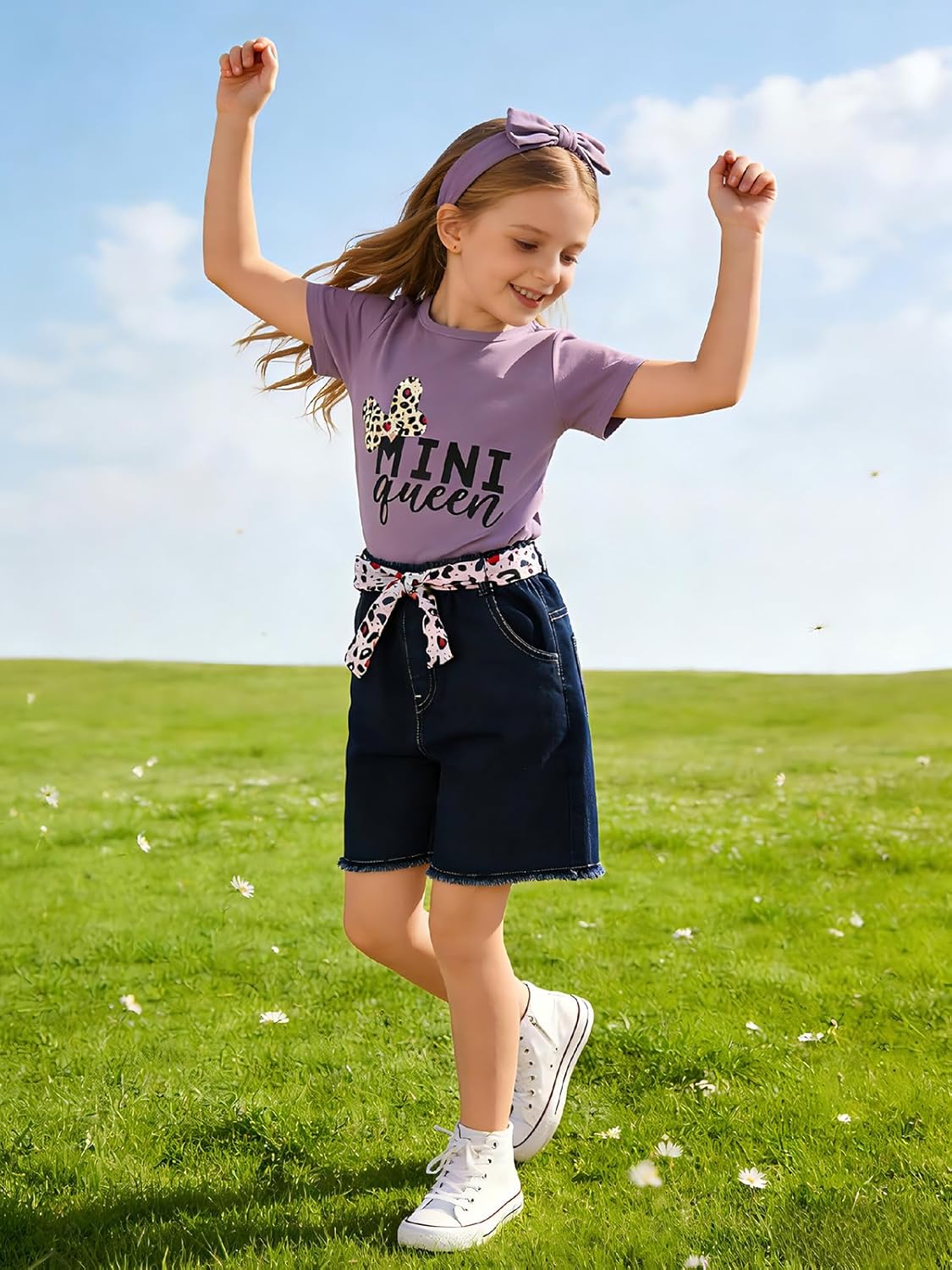 Kids Toddler Girls Summer Clothes Leopard Butterfly Print T-Shirt + Belted Denim Jeans Shorts 3PCS Outfits - Image 2