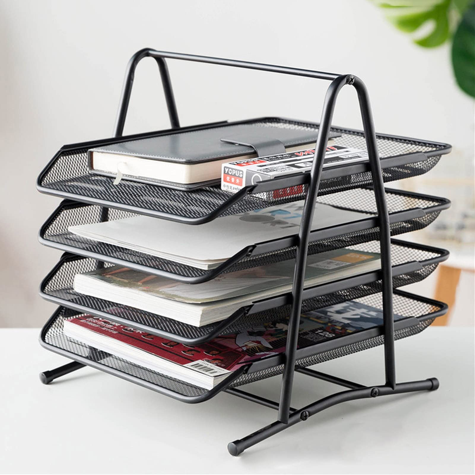 Revistero, archivador, soporte para carpetas de revistas, archivador de escritorio, metal, malla de hierro, archivador, bandeja de 4 capas, papel A4, tamaño carta, revistero para el hogar, caja d