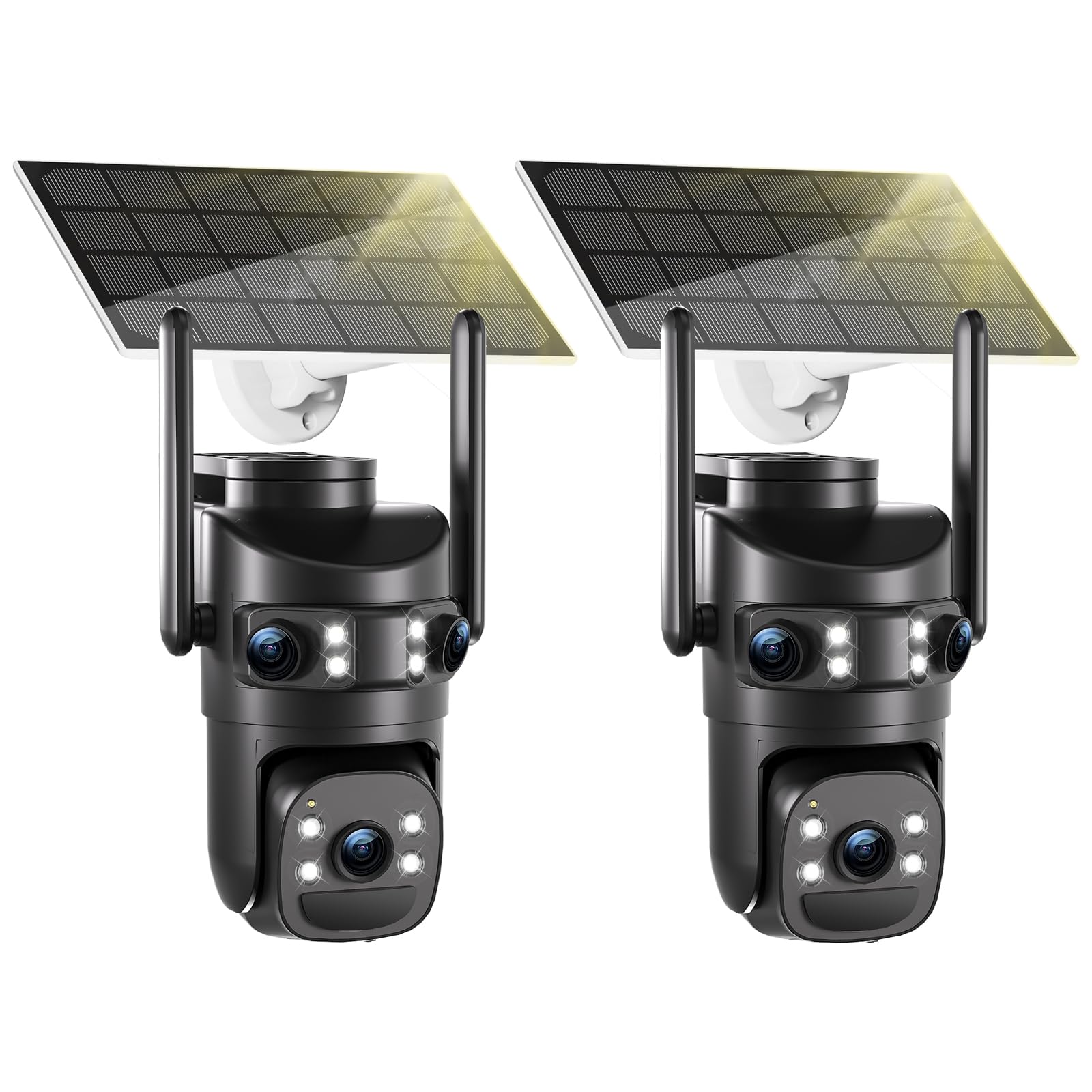 4K Camera Vigilancia WiFi Exterior Inalámbrico, Triple Objetivo/Cámara Solar/Batería, 360° PTZ Seguridad en el hogar, Visión Vocturne 30M, Alarma, Audio bidireccional, Seguimiento automático,2PCS