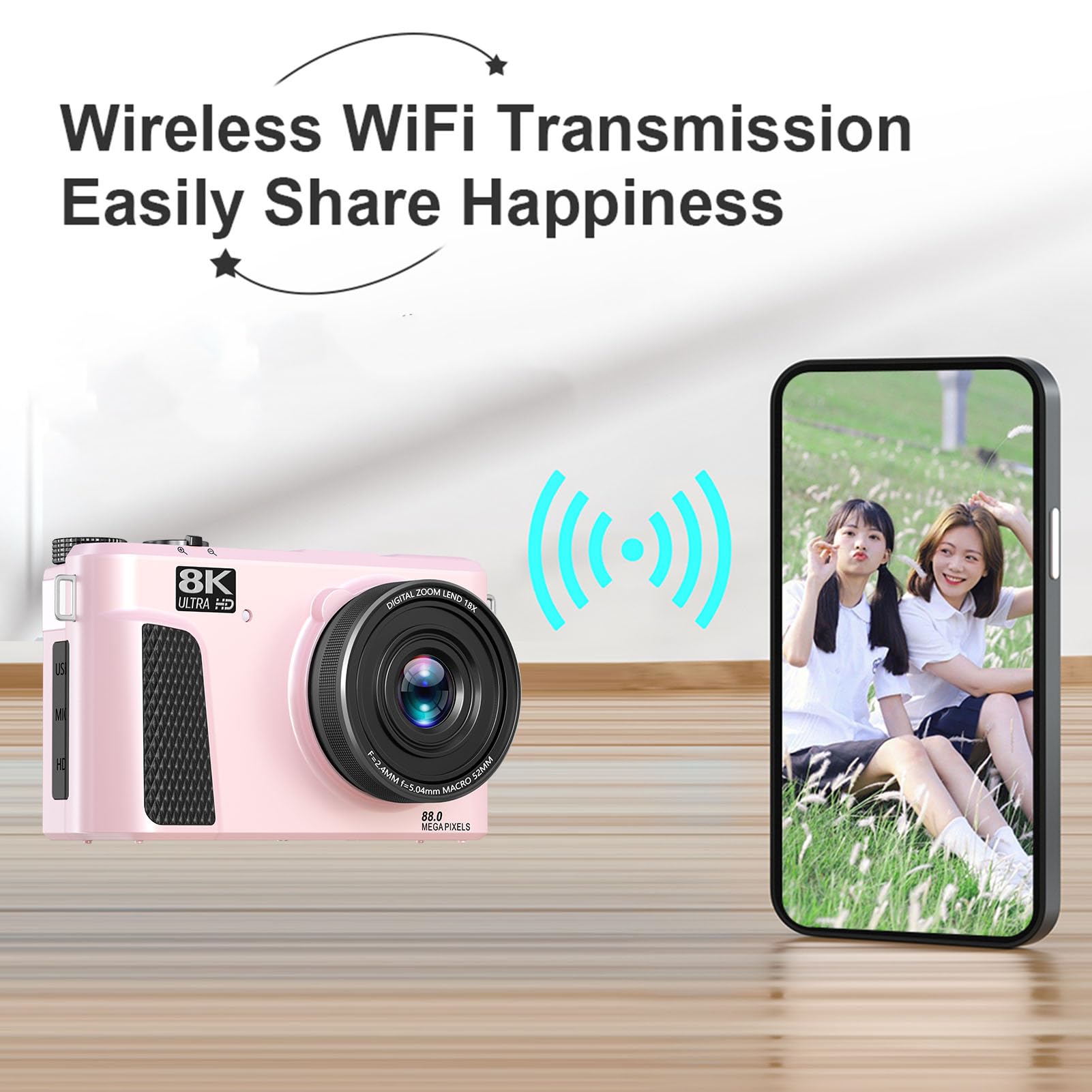 Dpofirs Camera Digitale 8k per Fotografia, Fotocamera Vlogging WiFi da 88 MP, Zoom Digitale 18x, con Schermo a Flip da 180 Gradi da 3 Pollici, con Tappo per Lenti, Videocamere, per (PINK)