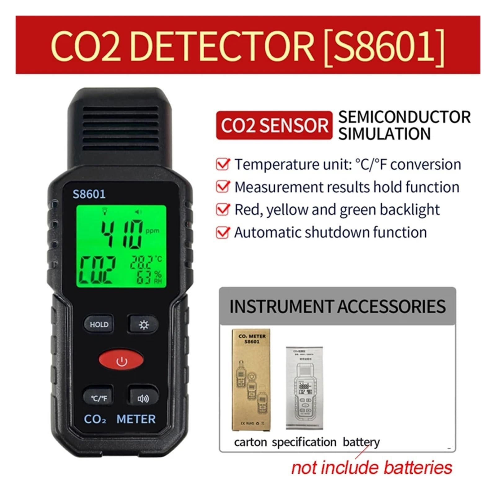 CO2-Tester, Kohlendioxid-Detektor, Rmluftqualitätsmonitor, 3-in-1, tragbarer CO2-Monitor-Tester, Temperatur und Luftfeuchtigkeit for zu Hse Breites Anwendungsgebiet(Semiconductive Senso)