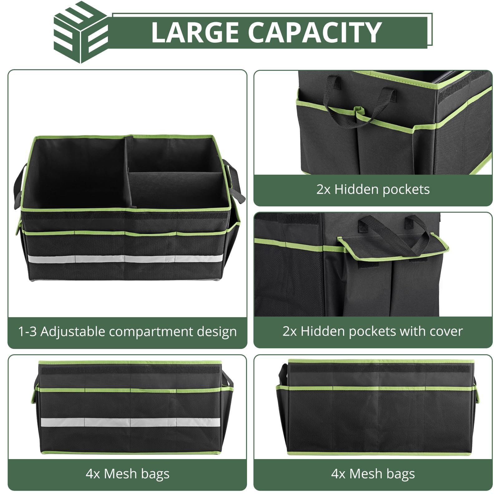 EYPINS Organizzatore Bagagliaio Auto, Portaoggetti Auto Impermeabile in Tessuto Oxford 600D, Pieghevole con 8 Tasche, Riflettore e Fondo Antiscivolo, 55x32.5x28 cm