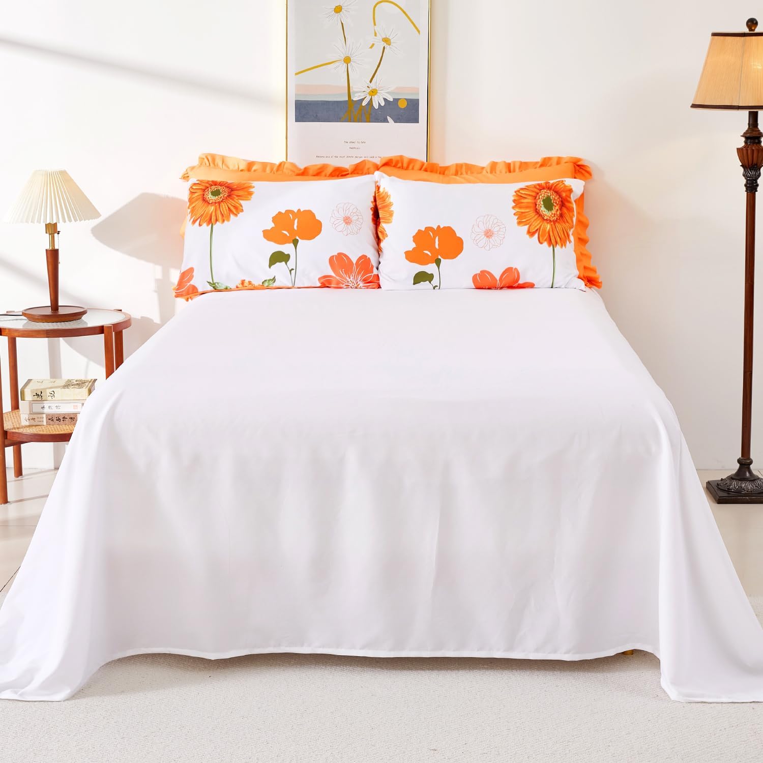 EVENHUG Queen Comforter Set 7 Pieces Reversible Queen Size Comforters for All Season Orange Sunflower Floral Bedding Sets Bed in a Bag with Flat Sheet and Fitted Sheet,Pillowcases & Shams (88"x88") - Image 6