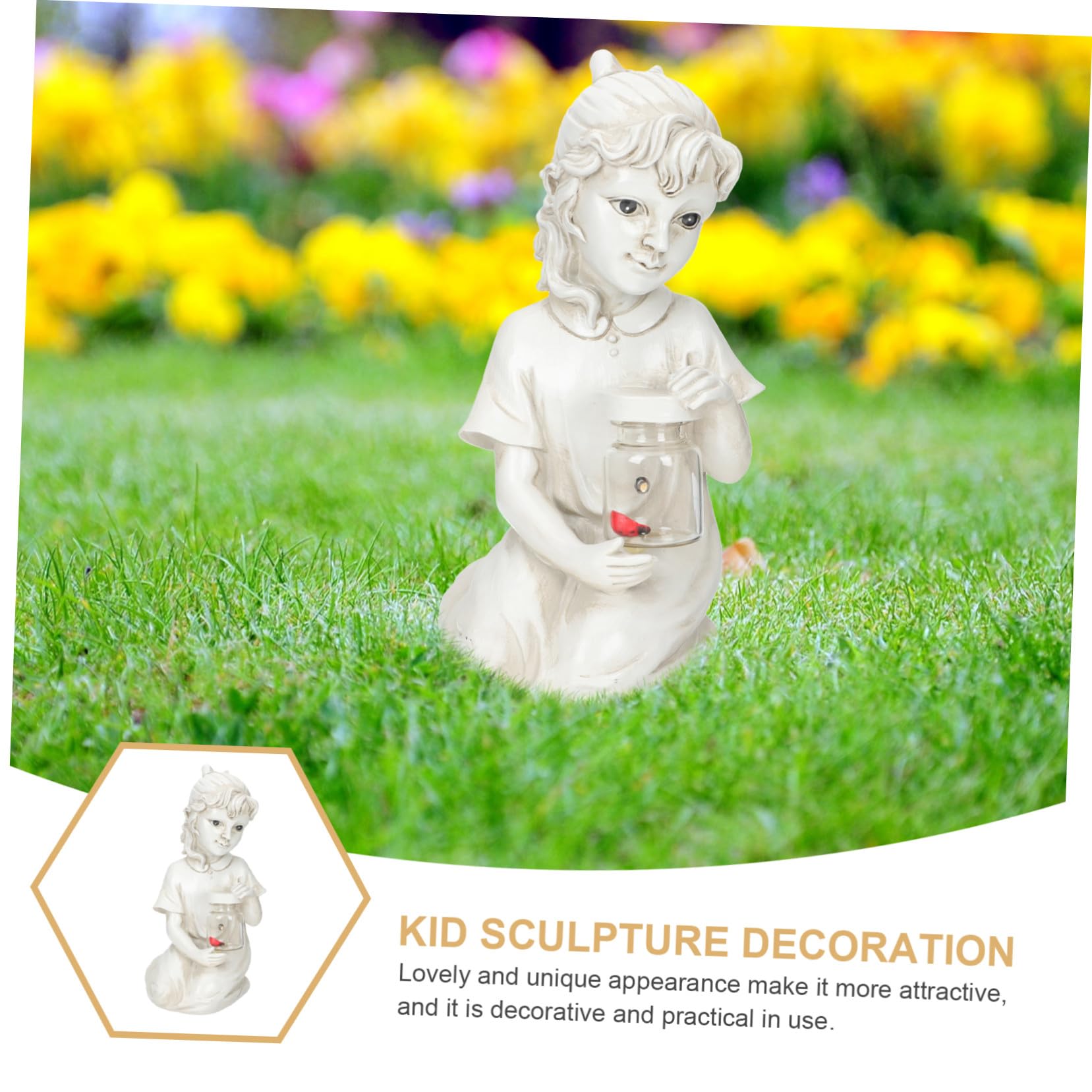 Solar-powered Resin Kid Sculpture Outdoor Garden Ornament with Decorative Lighting Weather-resistant Child Statue for And Flowerbed Décor