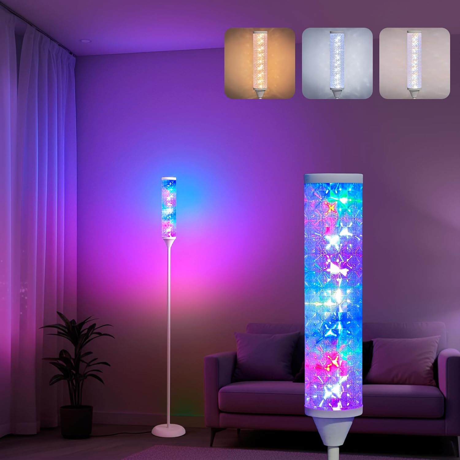 WORLD WIN Prism Glow Floor Lamp with Mosaic Star, Smart RGB LED Corner Floor Lamp with APP & Remote Control, 16M+ and 3 Color Temperatures, Music Sync, Modern Standing Lamps for Living Room Bedroom