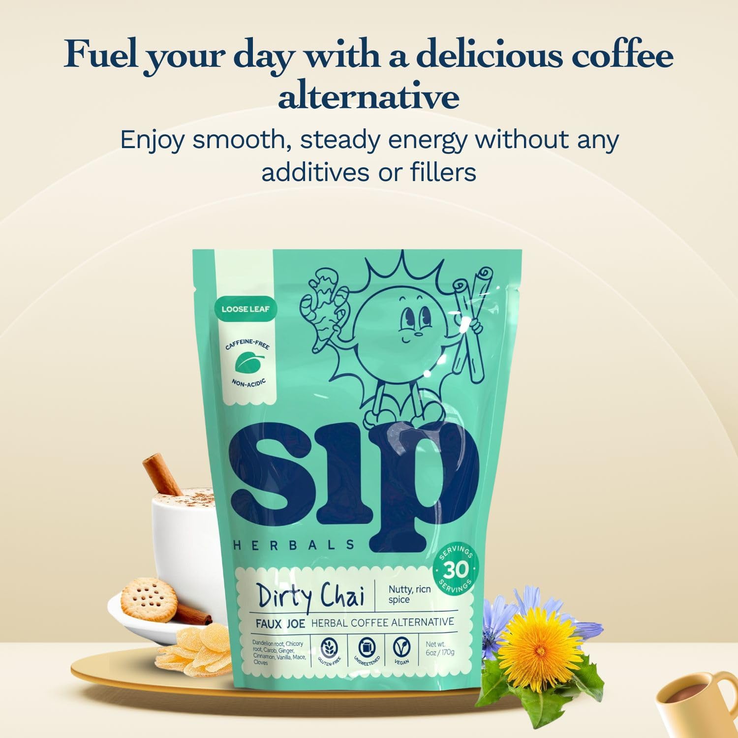 Sip Herbals Dirty Chai Roast Coffee Alternative Loose Leaf - Caffeine-Free Blend with Dandelion Root, Chicory, Cinnamon Clove - Rich Spiced Aroma & Balanced Flavor, As Seen on Shark Tank - 30 Servings