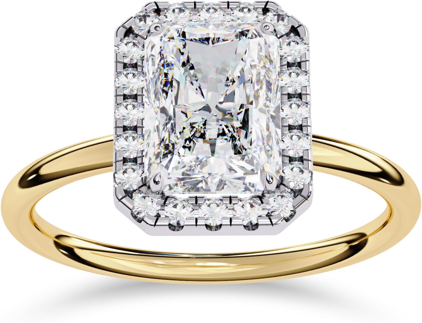 SAVEARTH DIAMONDS Halo Solitaire Engagement Ring for Women, Center 8x6mm Radiant Cut Lab Created Moissanite Ring in 10K / 14K Solid Gold OR 14K Gold Plated 925 Sterling Silver