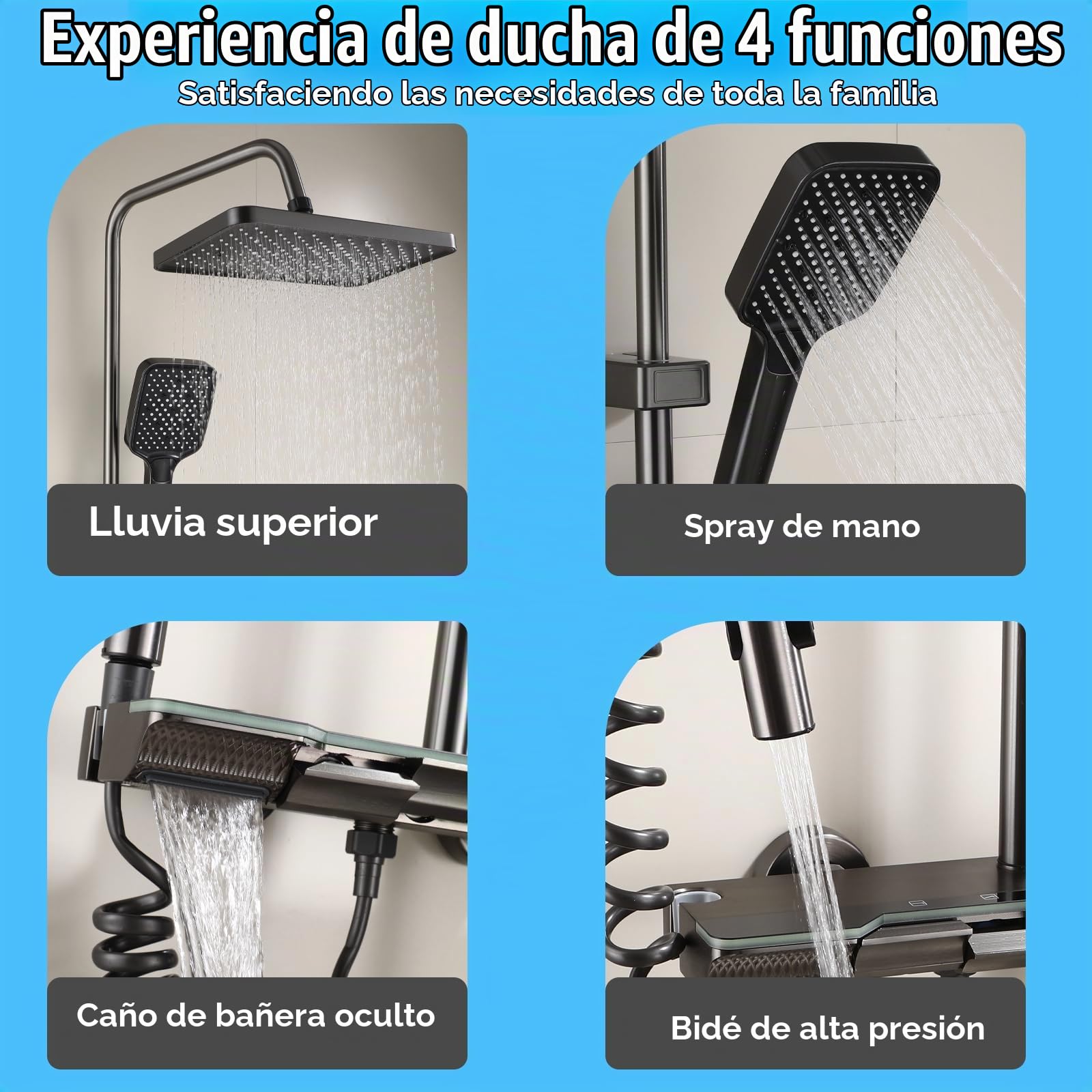 Columna de Ducha Gris Oscuro con Pantalla Digital, Sistema de Ducha con 4 Botones de Piano, Rociador Efecto Lluvia para Baño Moderno-D3