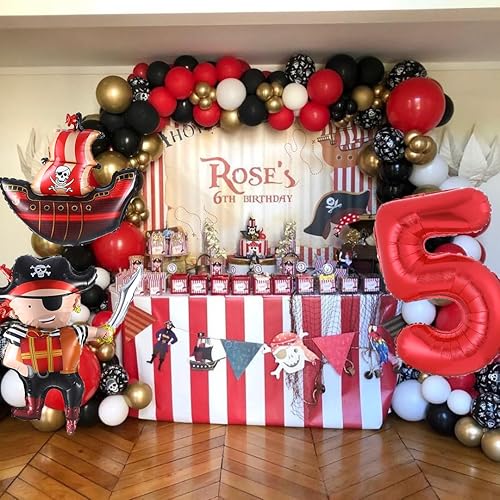 Miniatura 4 de Globos de fiesta de cumpleaños pirata, 18 globos de Mylar pirata rojo y negro para niños de 5 cumpleaños, barco pirata tema océano, baby shower,