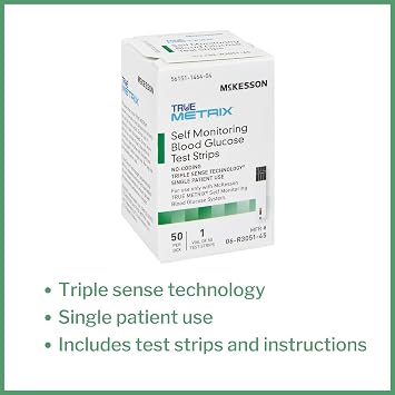 McKesson True METRIX Blood Glucose Test Strips for Diabetes [50 Strips] Self-Monitoring System