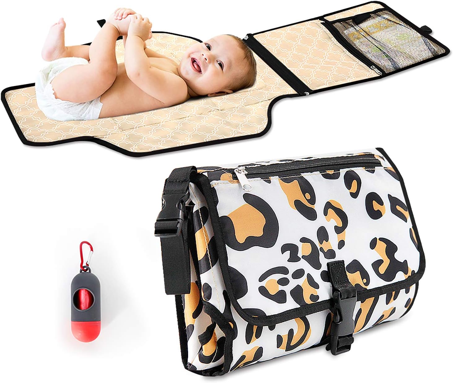 Portable Diaper Changing Pad , Large Detachable Waterproof Baby Changing Mat with Head Cushion and Pockets Foldable Infant Changing Station by Homegician, with Disposable Waste Bag Dispenser
