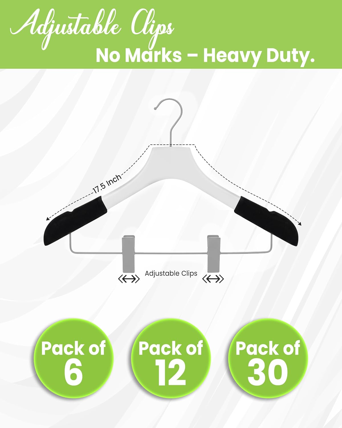 Wooden Hangers with Clips for Women, Solid Wood Skirt & Suit Hangers, Heavy-Duty Adjustable Non-Slip Design with Velvet Grip, White with Black Velvet, 6 pcs