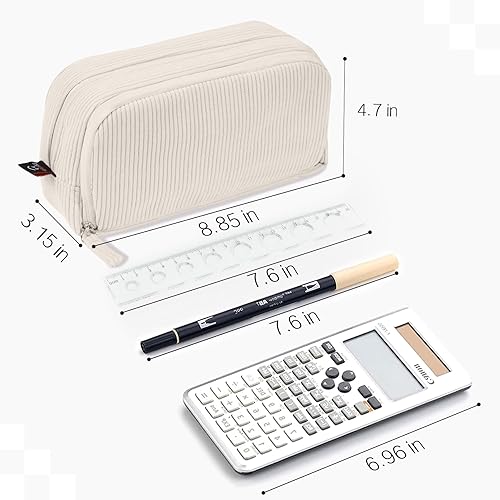 Miniatura 6 de Sooez Estuche para lápices de gran capacidad, bolsa de pana suave con 3 compartimentos, múltiples bolsillos, cremallera resistente, lindo