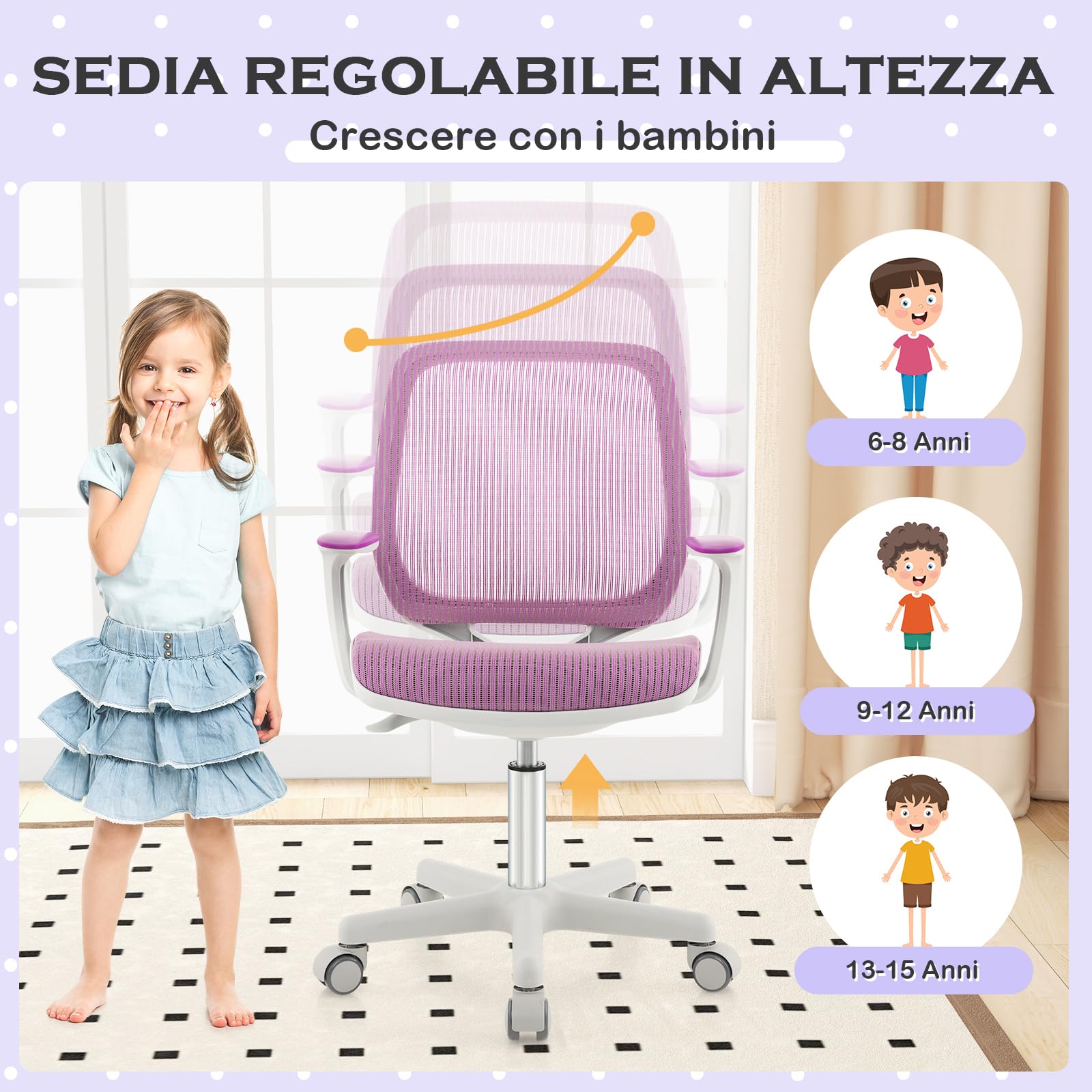 RELAX4LIFE Sedia Girevole per Bambini, Altezza Regolabile, Schienale e Braccioli, Ruote con Freni, Sedile a Rete per Bambini 3-10 Anni, Ideale per Cameretta e Studio (Blue) (VIOLA)
