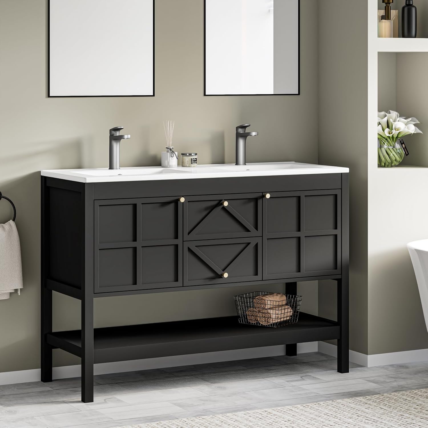 48" Bathroom Vanity with Double Sink Combo, Undermount Sink Bathroom Storage Cabinet with 2 Drawers & 2 Soft-Close Doors, Freestanding Farmhouse Cabinet with Open Storage Shelf, Black