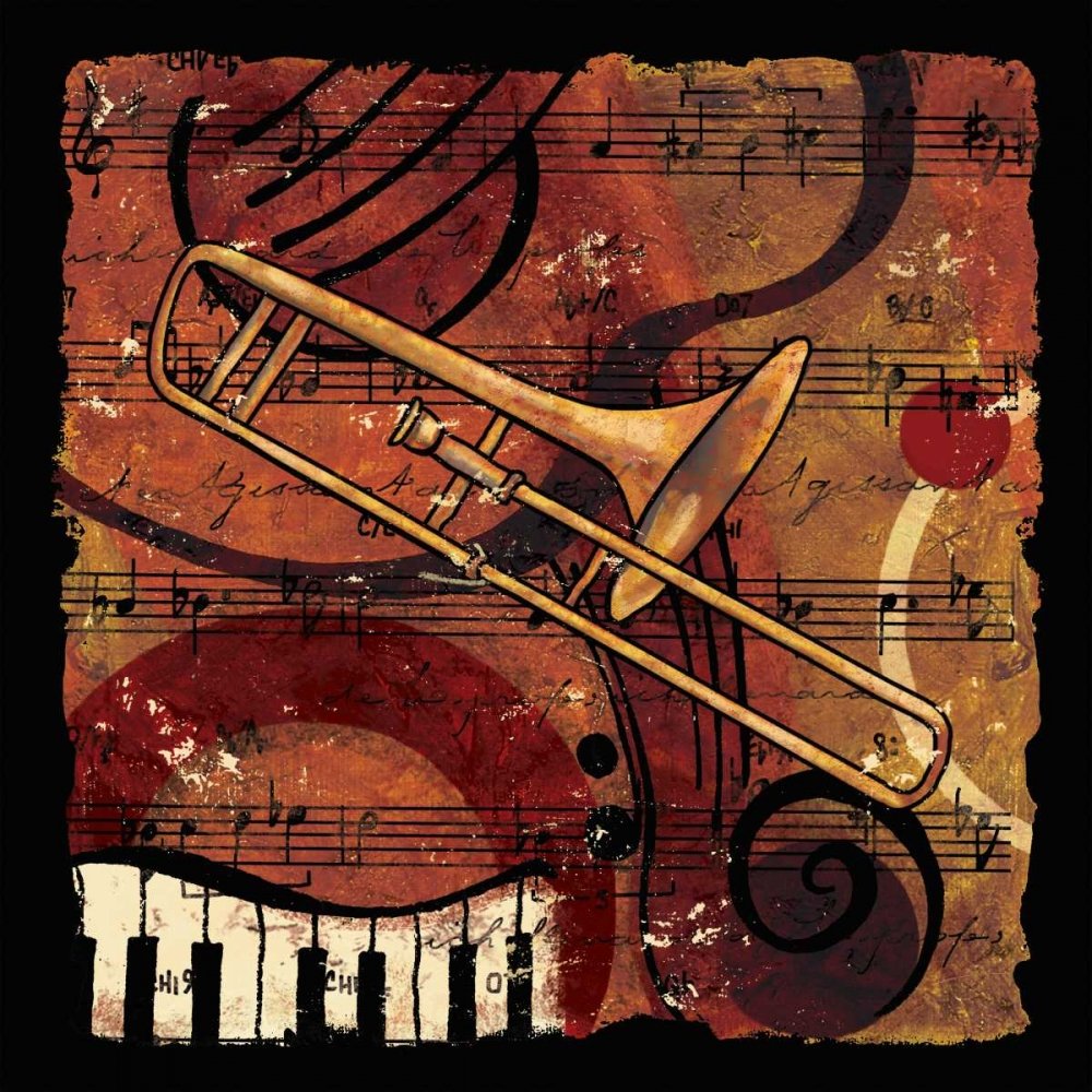 TELA-CON-AMERICAN-BOX Jazz Music I CW Designs Inc. - Astratto quadrato Stampa artistica corno tombone musica pianoforte jazz rosso arancione nero yel cornice galleggiante 23_X_23_in