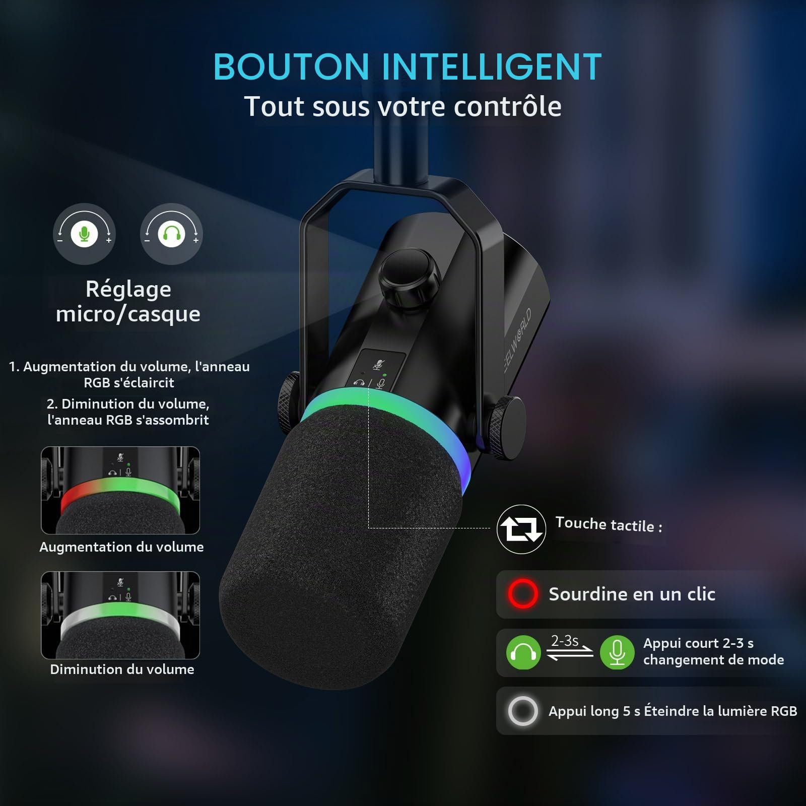 FEELWORLD PM1-AS USB/XLR Streaming Micro Gaming pour PC PS4 PS5, RGB Cardioïde Dynamique Microphone avec Support, pour Gaming, Podcasting, Broadcasting
