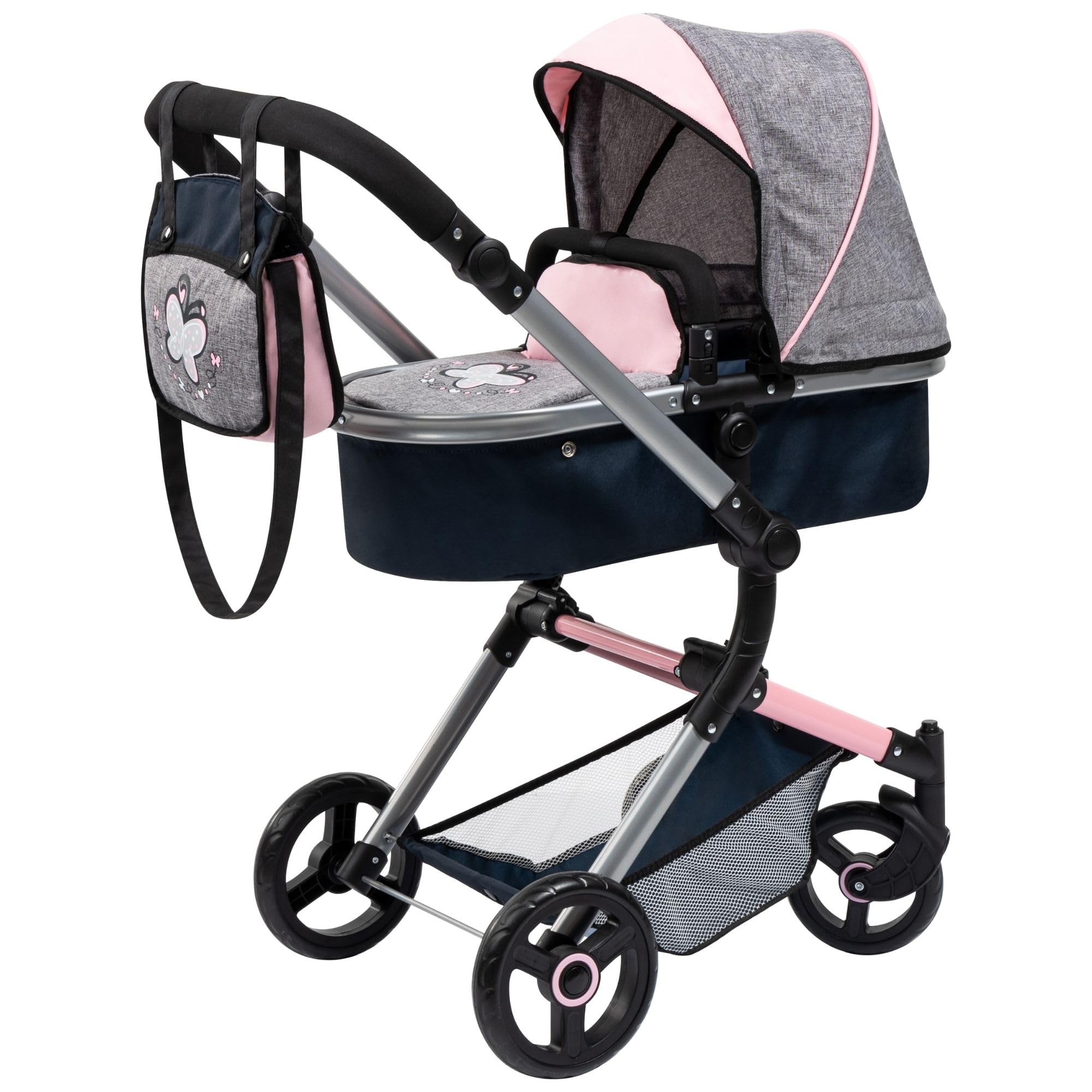 Bayer Design 18427AA Dolls Pram NEO Vario stroller, bag, convertible, foldable, adjustable handle, Pink